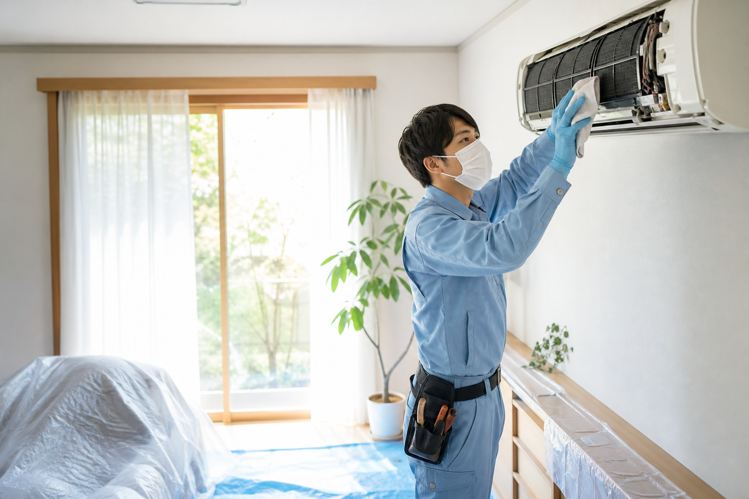 ブエノアイレの施工スタッフがエアコン分解クリーニング中